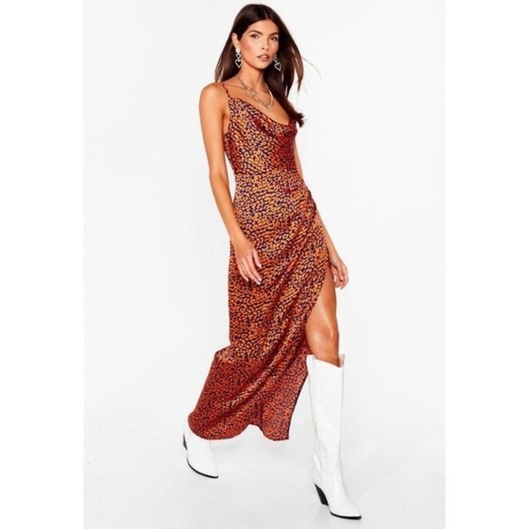 Nasty Gal Cheetah Print Satin Blue Orange Cowl Neck Maxi Dress EUC Size - 4 - Picture 4 of 10